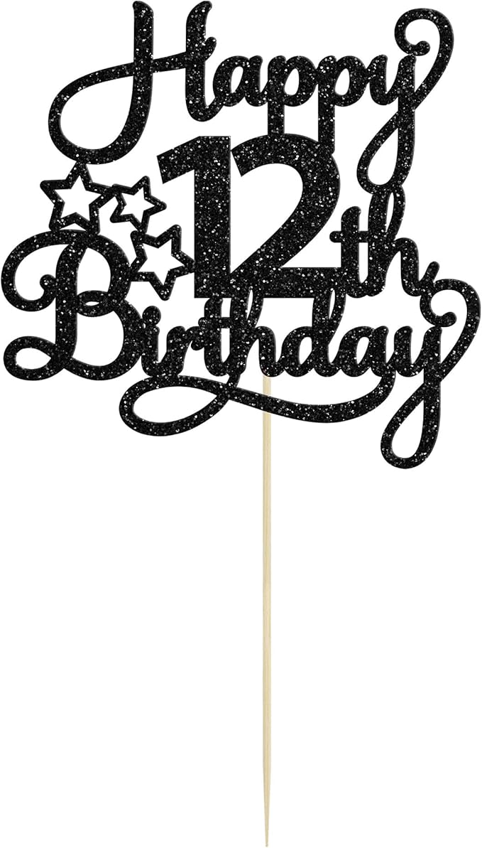 1 Pack Happy 12th Birthday Cake Topper Glitter Heart Star 12 Fabulous Cake Pick Birthday Sign Cake Decorations for Children 12th Birthday Theme Party Supplies Black