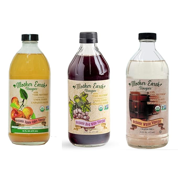 Mother Earth, Organic Apple Cider Vinegar, Red Wine Vinegar and White Wine Vinger with The Mother, OACV, ACV, Raw, Unpasteurized, Unfiltered (3/16oz Glass Bottle)
