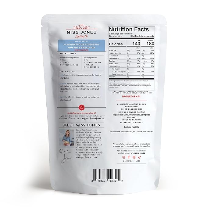 Miss Jones Baking Blueberry Muffin Mix - Almond Flour, Gluten Free, Low Carb, No Sugar Added, Naturally Sweetened Desserts & Treats - Keto, Diabetic, Atkins, WW and Paleo Friendly