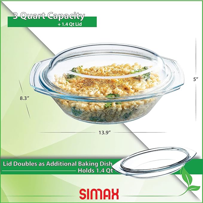 Simax Clear Oval Shaped Glass Casserole with Tight Fitting Lid ??Heat, Cold and Shock Proof ??Made in Europe ??Oven, Freezer and Dishwasher Safe ??3 Quart (Plus 1.4 Quart Lid) Glass Baking Dish
