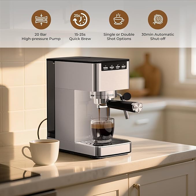 20 Bar Espresso Machine with Milk Frother, Semi-automatic Compact Coffee Maker with Steam Wand for Cappuccino/Latte, 42oz Removable Water Reservoir, Ideal for Home/Office, Stainless Steel