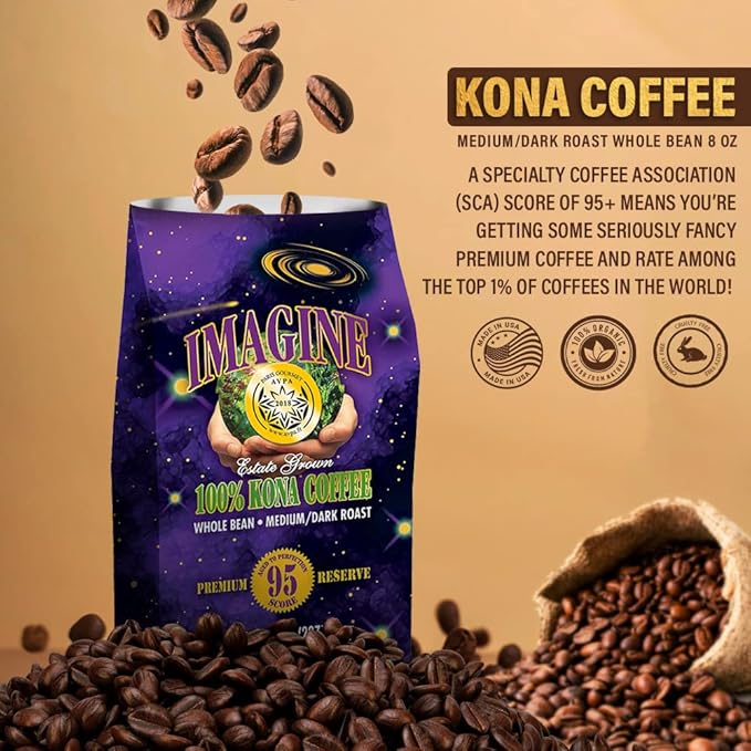 Imagine Kona Organic Coffee Beans | Arabica Kona Beans | Top Grade Air Roasted | Medium Dark Roast | Organic Whole Bean - 8oz