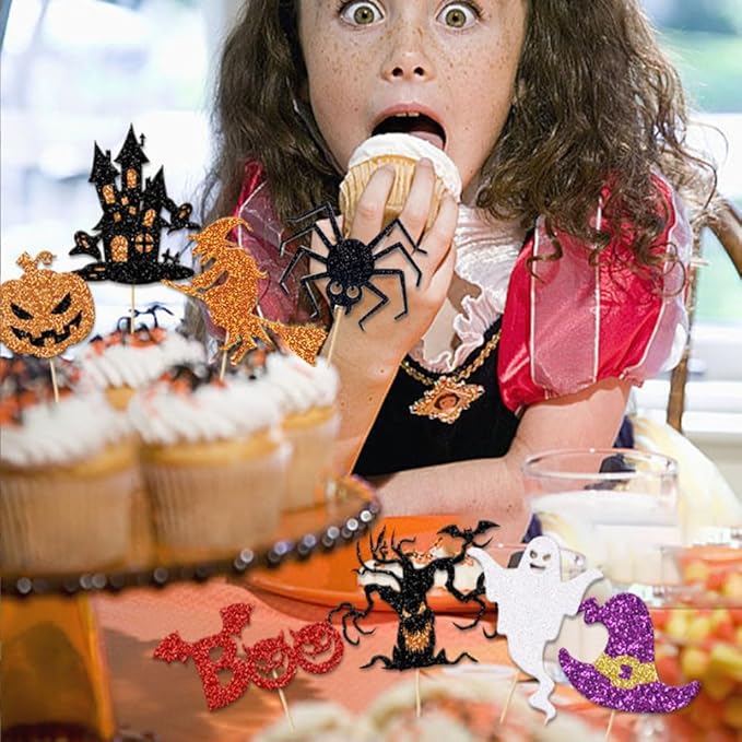 24pcs Halloween Cupcake Toppers Ghost Boo Glitter Haunted House Pumpkin Witch Spider Cake Decoration for Ghost Theme Halloween Holiday Baby Shower Party Supplies