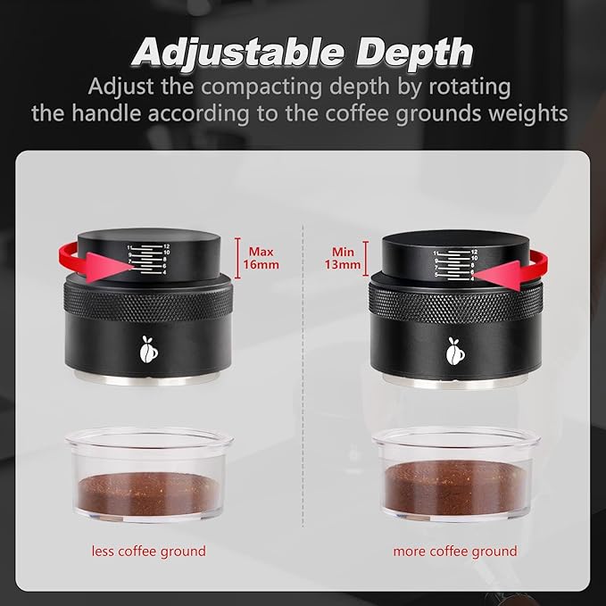 Espresso Tamper 58mm, Adjustable Depth Coffee Tamper with Calibrated Spring Loaded, 304 Stainless Steel Palm Tamper Tool, fits 58mm Portafilter Basket (Black)