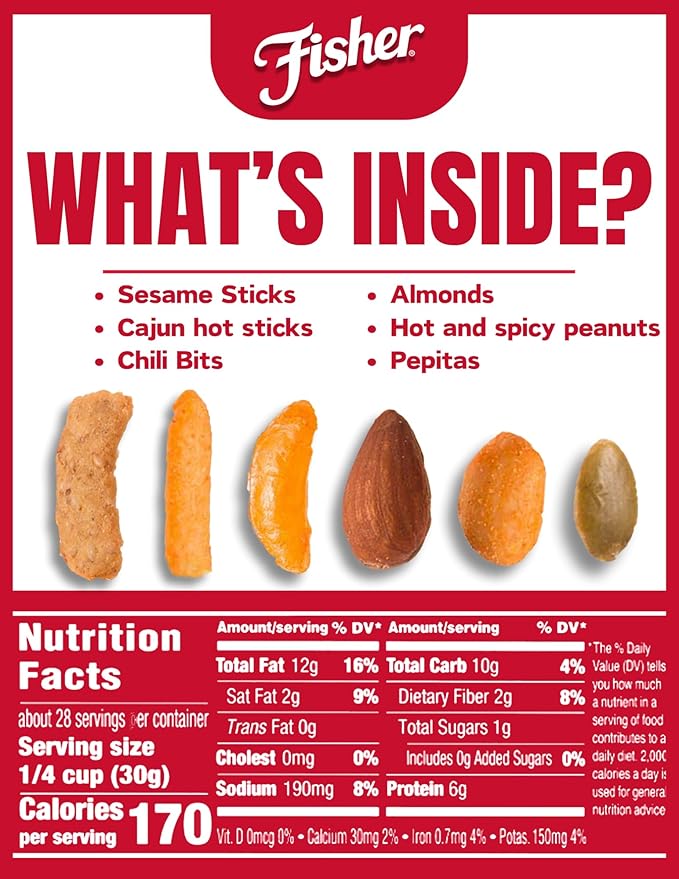 Fisher Snack Tex Mex Bulk Trail Mix, 30 oz (Pack of 1); Hot & Spicy Peanuts, Almonds, Salsa Corn Sticks, Sesame Sticks, Chili Bits and Pepitas; Trail Mix Snacks, Snacks for Adults