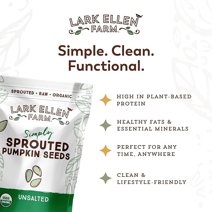 Lark Ellen Farm Sprouted Organic Pumpkin Seeds, Unsalted Raw Pumpkin Seeds Organic, Pepitas, Vegan, Non GMO, Gluten Free, Paleo, and Keto Friendly (14 oz, 6 Pack)