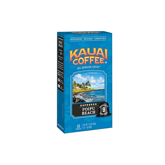 Kauai Coffee Espresso Pods Compatible with Nespresso Original Coffee Makers – Arabica Coffee, 10% Hawaiian – Dark Roast, Rich Cocoa & Smoky Finish – Poipu Beach, 1 Pack of 10 Espresso Pods