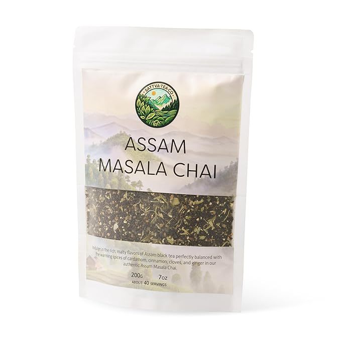 Sattva Tea Co | Assam Masala Chai | 200g/7oz Loose Leaf (Makes 40+ Cups) | Spiced Chai Tea Blend with Ginger, Cardamom, Bay Leaf, and Clove | Sustainably Sourced, Vegan & Microplastics-Free