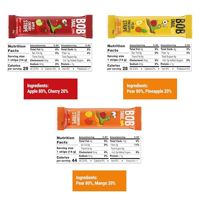BOB SNAIL Healthy Organic Fruit Snacks for Kids and Adults ??30 Organic Fruit Leather Snacks with Persimmon, Pear-Pineapple,Cherry ??Vegan Low-Carb Variety Pack Strips for Kids ??Sugar Free Jerky Bars