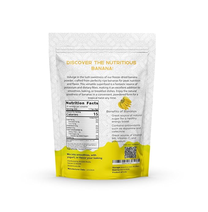 Ancient Roots Banana Powder - Freeze-dried, All-natural, No Sugar Added, Smoothie Mix, Support Digestive Health Naturally, 3.5 ounces (25 servings)