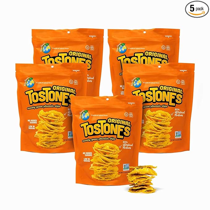 TOSTONES, Green Plantains, Re-Sealable Bag, Crunchy chips, Plantains, Palm Oil and Salt, 3.53 Oz per Unit, ORIGINAL Flavored, 5 Pack,