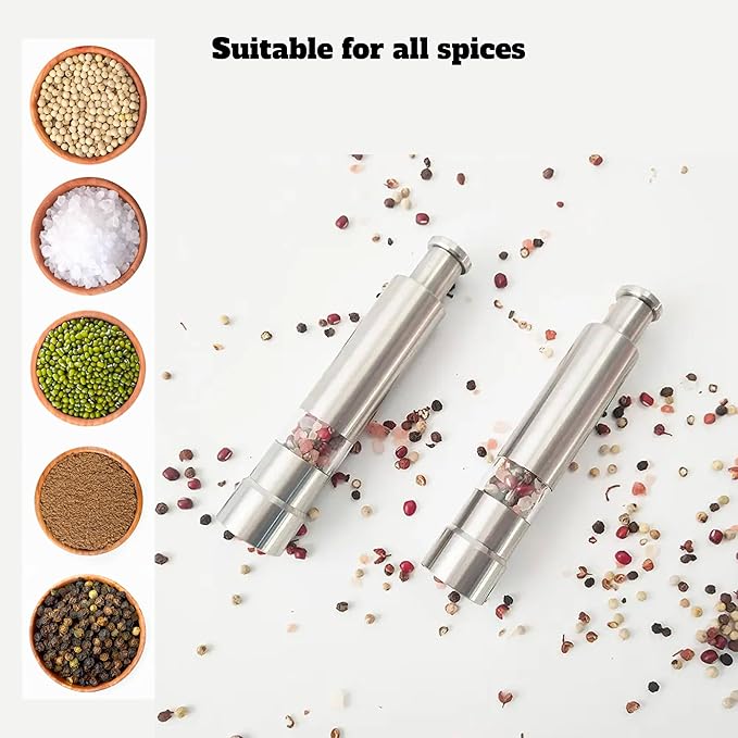 Modern Thumb Click Salt and Pepper Grinder with Refillable Peppermill - Perfect for Himalayan Salts, Black Pepper, Sea Salt, Peppercorns, Spices Push Button for 1 hand operation (set)