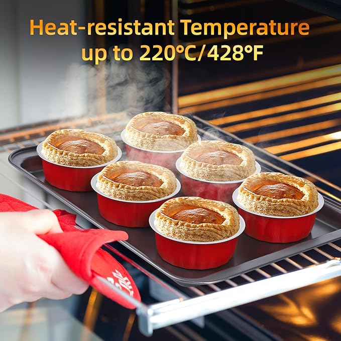 Beasea Disposable Ramekins for Baking, 120 Pack 8 oz 4 Inch with Lids Mini Red Foil Creme Brulee Aluminum Baking Cups Small Round Cupcake Tart Pie Tins Pans Individual Containers Oven Safe