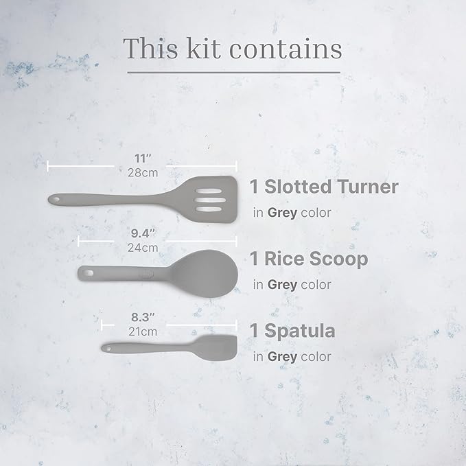 Silicone Utensils 3-Piece Set ??Rubber Spatula, Slotted Turner, and Rice Paddle ??Complete Heat-Resistant Set for Non-Stick Cookware ??Kitchen Tools and Accessories for Cooking & Baking ??Grey