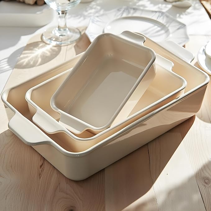 Kook Casserole Dishes for Oven, Ceramic Bakeware Set, Rectangular Baking Dishes, For Casseroles, Lasagna, Cake, Small, Medium & Large Pans, Microwave & Dishwasher Safe, Set of 3 (Cream)