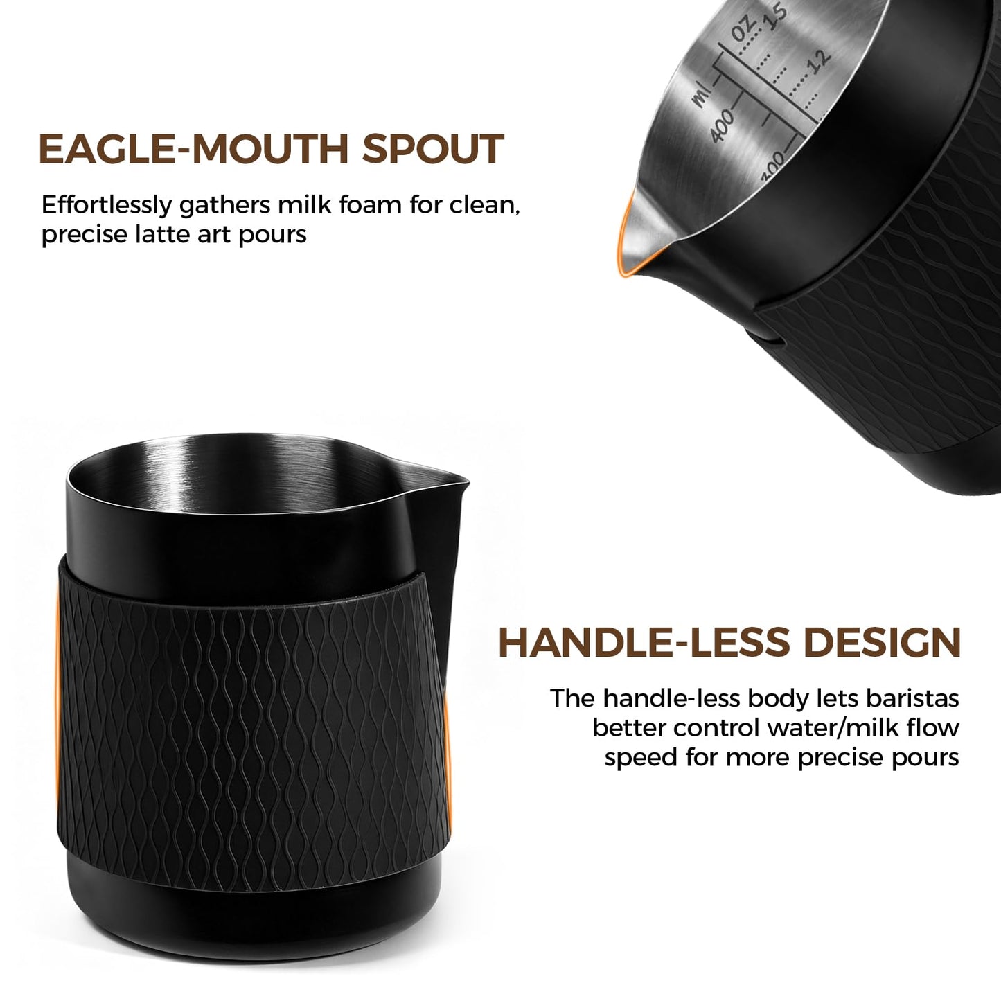 IKAPE Espresso Milk Pitcher, 15.04/450ml Milk Frothing Jug without Handle, Espresso Steaming