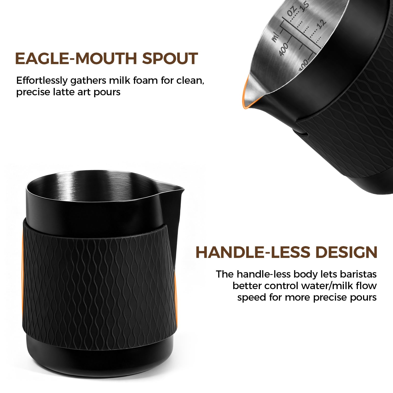 IKAPE Espresso Milk Pitcher, 15.04/450ml Milk Frothing Jug without Handle, Espresso Steaming