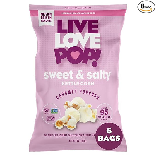 Live Love Pop Sweet and Salty Kettle Corn Flavored Gourmet Popcorn, 7 Oz (Pack of 6), Healthy Snack, Gluten Free, Vegan & Non-GMO, Mission Driven Munchies