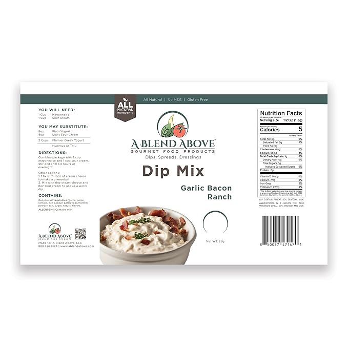 A Blend Above Garlic Bacon Ranch Dip Mix, 3 Packs, 1 oz. Each, Makes 16 Ounces, Gluten-Free, No MSG, All Natural, No Preservatives, Vegan Friendly, Keto Friendly, Vegetable Dip, Chip Dip, Low Carb, Easy to Make