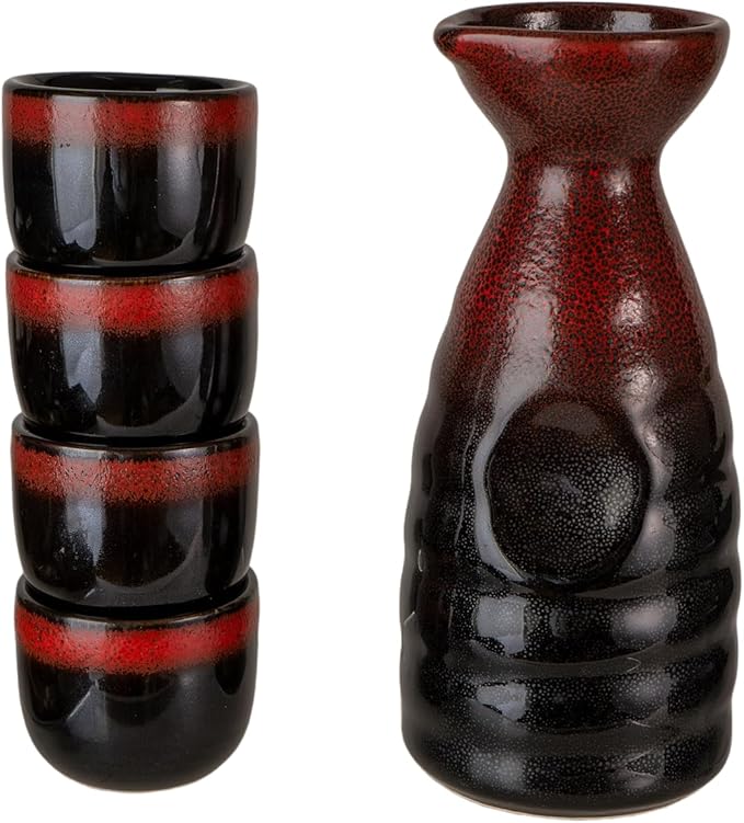 Urban Tokyo Japanese Sake 5 Piece Set Include 1 Sake Bottle and 4 Cups for Hot or Cold Sake Home or Restaurant Use Reactive Glazed Ceramic (Black and Red)