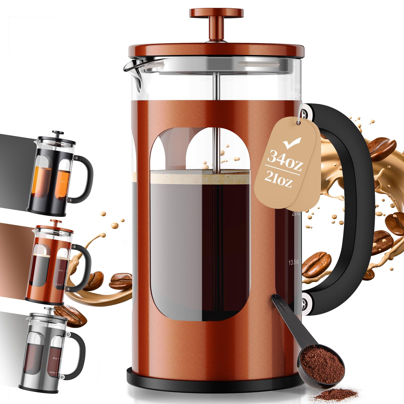Veken French Press Coffee Maker,No Plastic Touching Cafe,34oz 1L Cafetera