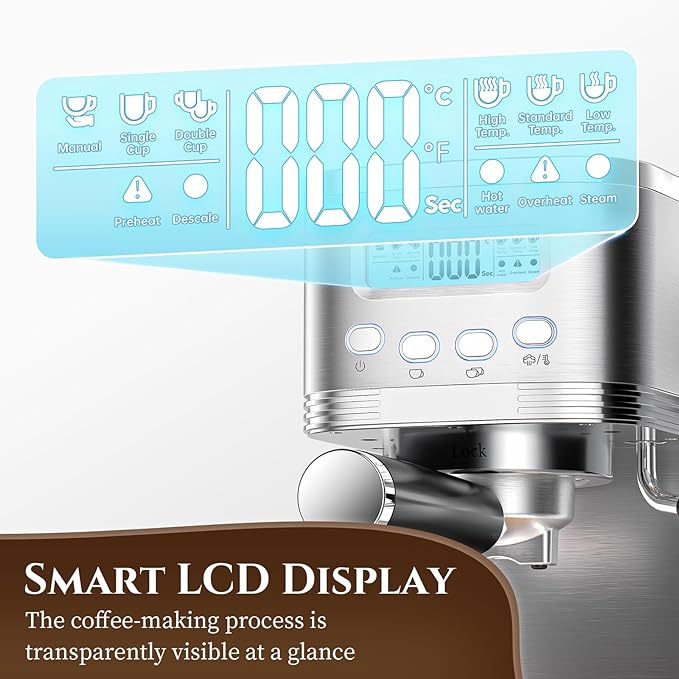 AMZCHEF Espresso Machine with LCD Display, 20 Bar Cappuccino Machines with Milk Frother for Home Gifts, Latte Coffee Maker with Dual Wall & Filters, Stainless Steel Style sliver
