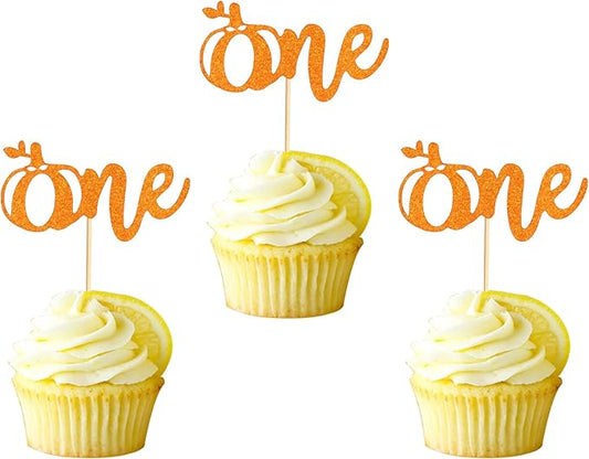 24pcs Pumpkin One Cupcake Toppers Fall First Birthday Cake Decorations, Orange Glitter Little Pumpkin Decorations, Pumpkin 1st Birthday Cupcake Picks Baby Shower