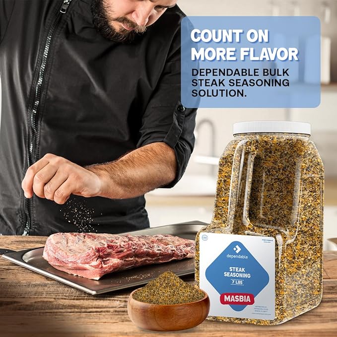Dependable Food Steak Seasoning - 7 Lb. Resealable Jug - Non-GMO, Natural, No Additives, Kosher ??Bulk Spice for Flavorful Steaks