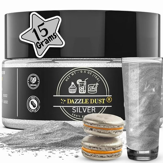 Dazzle Dust Edible Glitter Powder Sprinkles for Cake Decorating, Drinks, Cookie, Icing, Dessert Decorations, Sparkly Luster, Food-Grade, Vegan, Gluten Free, Kosher, Bulk 15g, Silver