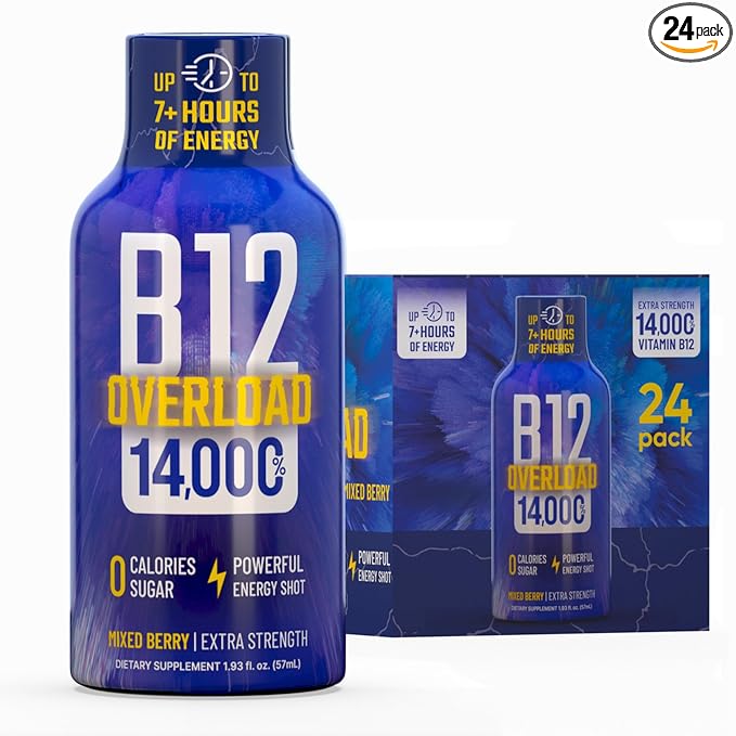 B12 Overload Extra Strength Energy Shot ??Mixed Berry??260mg Caffeine, 14000% B12, Electrolytes ??Energy & Vitality Support ??Zero Sugar No Calories ??Vegan, Kosher, Gluten-Free ??1.93 fl oz, 24-Pack