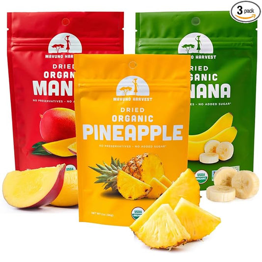 Mavuno Harvest Organic Dried Fruit Variety Pack | Dried Mango, Pineapple, and Banana | Healthy, Vegan, No Sugar Added, Non GMO Snacks for Kids & Adults | 2 Ounce, Pack of 3