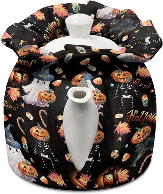 Pumpkin Tea Cozy for Teapot Insulated Ghost Tea Kettle Cover for All Saints' Day Party Keep Warm Tea Pot Cover with Drawstring Home Kitchen Decor
