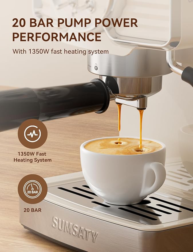 Espresso Machine 20 Bar, Professional Espresso Maker with Milk Frother Steamer Wand, Retro Coffee Maker Cappuccino & Latte Machine for Home, 1.8L Removable Water Tank, Off-white