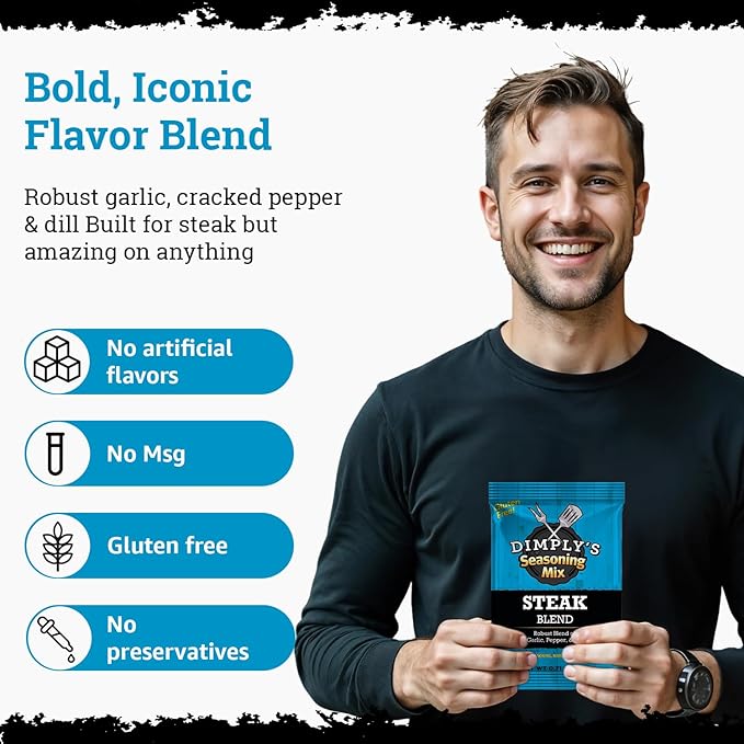 Dimply's Steak Seasoning Mix – 6 Pack, Single Serve Dry Rub and Marinade – Garlic Pepper Dill Blend for Meat, Chicken, Tofu, and Vegetables – Vegan, Gluten Free, No MSG, Preservative Free