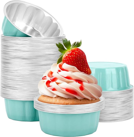 Beasea 8oz Aluminum Ramekins, 100 Pack 3.9" Mini Disposable Baking Foil Cups Ramekin Cup Cupcake Aluminum Baking Cups for Party - Lake Blue