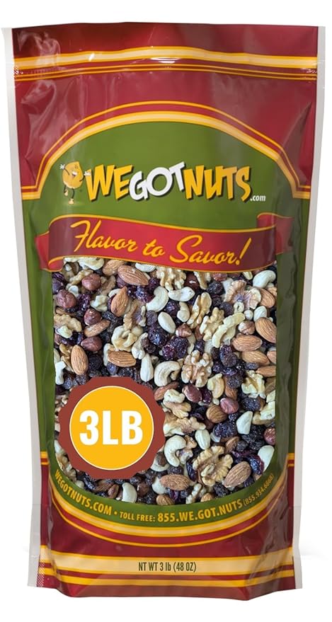 We Got Nuts Trail Mix Premium Blend with Almonds, Cashews, Cranberries, Raisins,Filberts and Walnuts Kosher Certified 3 lb Resealable Bag