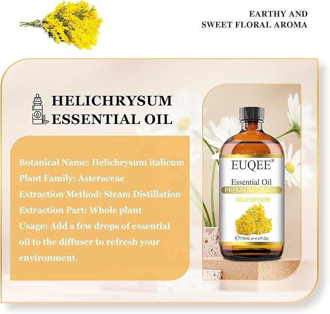 Helichrysum Essential Oil 4 oz/118 ml Large Bottle Premium Helichrysum Oil with Glass Dropper - Great for Diffusers, Humidifier, Candle & Soap Making