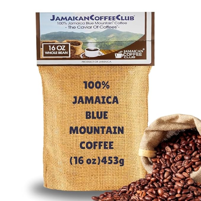 JamaicanCoffeeClub Blue Mountain Whole Bean Coffee ??WB 16oz 100% Jamaican Beans, Premium Roast, Bold Smooth Taste, Freshly Packed Coffee from Jamaica ??Rich Aroma Gourmet Blend
