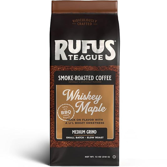 Rufus Teague Whiskey Maple Flavored Ground Coffee, Gourmet Fresh Dark Roasted Coffee, Smoke Roasted Java, Medium Grind, 12 oz Bag