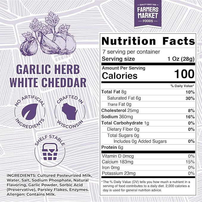 Farmers Market, Gluten Free, Keto, Paleo, Low Sodium, Zero Sugar, Wisconsin Cheese Gift Sets, 1-Pack, Garlic Herb White Cheddar