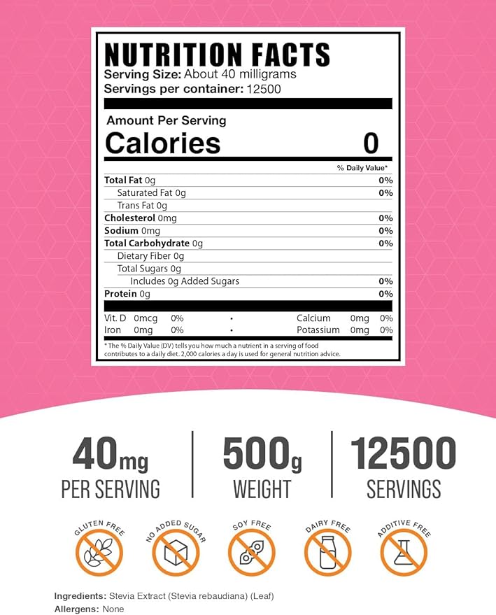 BulkSupplements.com Stevia Extract Powder - Stevia Sweetener - Zero Calorie Sweetener, Gluten Free, 40mg per Serving, 500g (1.1 lbs) (Pack of 1)