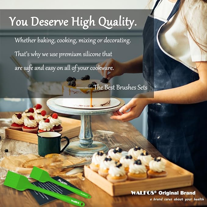 Walfos Silicone Basting Pastry Brush, Heat Resistant Pastry Brush Set, Strong Steel Core and One-Pieces Design, Perfect for BBQ Grill Baking Kitchen Cooking,BPA Free and Dishwasher Safe,2Pcs (green)