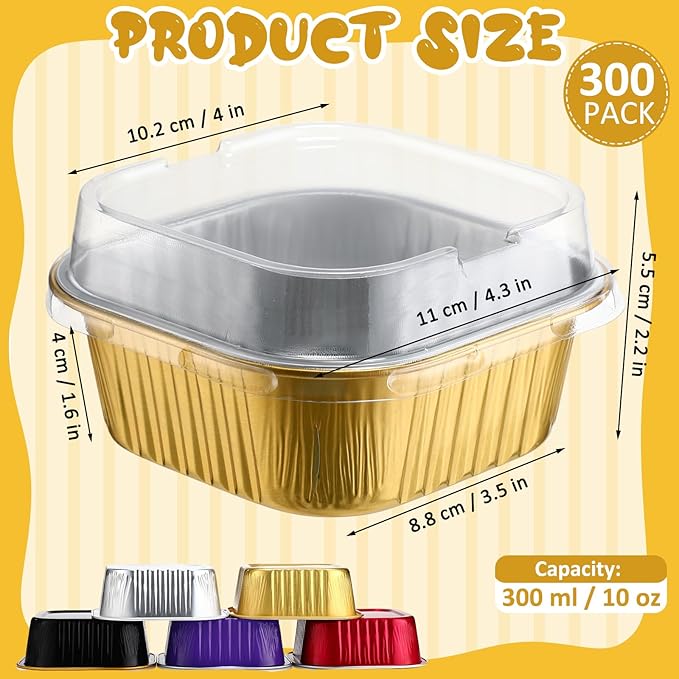 Aoriher 300 Pieces 10 oz Mini Cake Pans with Lids, Aluminum Foil Baking Cups, Square Disposable Cupcake Cups Baking Tins for Wedding Birthday Party Supplies(Multicolor)