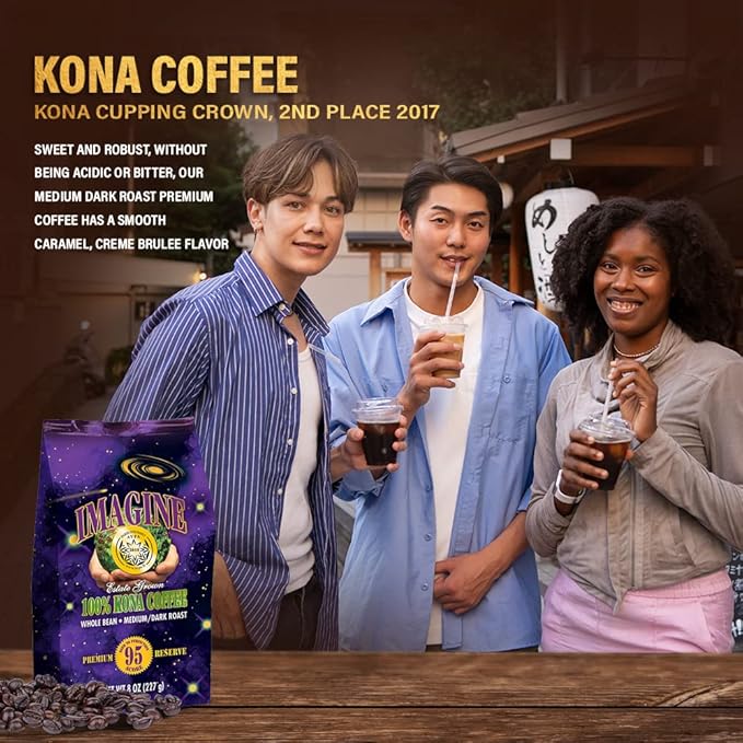 Imagine Kona Organic Coffee Beans | Arabica Kona Beans | Top Grade Air Roasted | Medium Dark Roast | Organic Whole Bean - 8oz