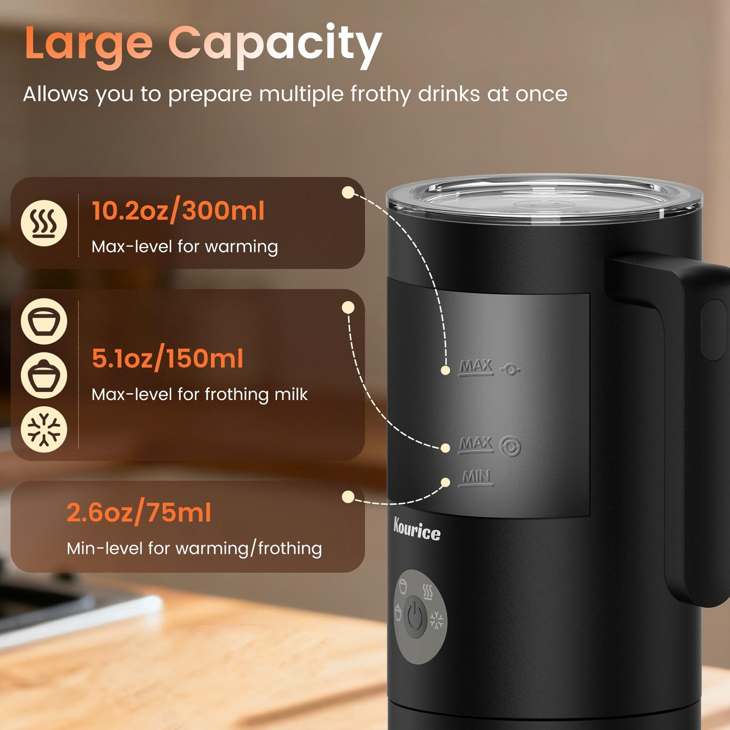 Kourice 4-in-1 Electric Milk Frother & Steamer – Automatic Frother Machine, Barista-Style Hot &