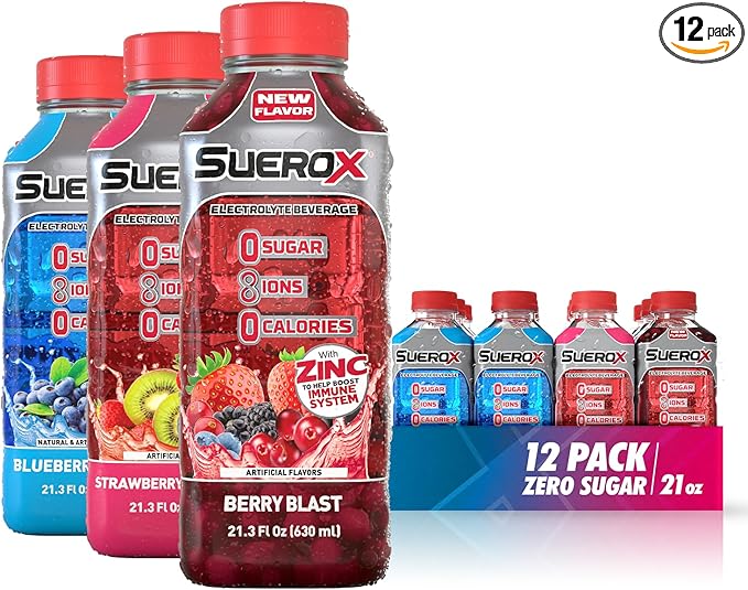 SueroX Sugar-Free Sports Drink for Hydration and Recovery, Electrolyte Hydration Drink with 8 Ions, Zero Calorie Sports Drinks with Electrolytes, Berry Blend Pack, 21.3 Fl Oz, 12 Count
