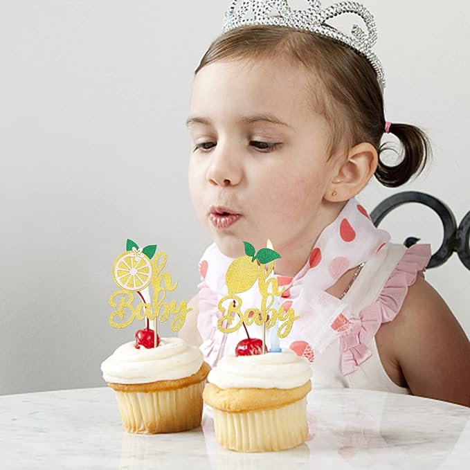 24 Pack Lemon Oh Baby Cupcake Toppers Glitter Baby Shower Cupcake Picks Summer Lemon Fruit Cake Decorations for Kids Birthday Theme Baby Shower Party Supplies