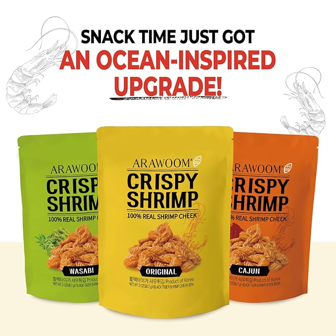 ARAWOOM - 100% Real Black Tiger Shrimp Head Crisps, Variety Pack [2oz, Pack of 3], Crispy Seafood Snack, High-Protein Crunch, Crunchy On-the-Go Treat [Original, Wasabi, Cajun]