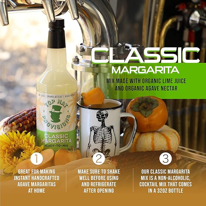 Top Hat Classic Agave Lime Margarita Mix - Handcrafted with Agave Nectar & Natural Lime Juice - Lower in Sugar and Carbs - Cocktail Mix - Margarita Mixer - 32oz Bottle