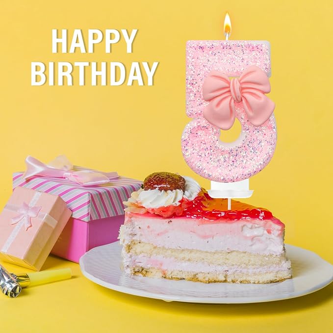 Birthday Cake Candles, Pink Glitter with Bow Cake Candles, Birthday Party Cake Toppers, Cute Birthday Candle Decorations (5)